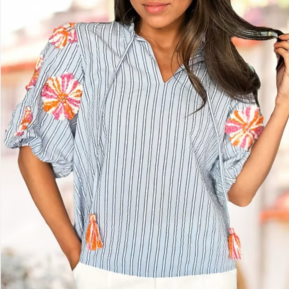 THML Blue Striped Blouse with Pink and Orange Embroidery